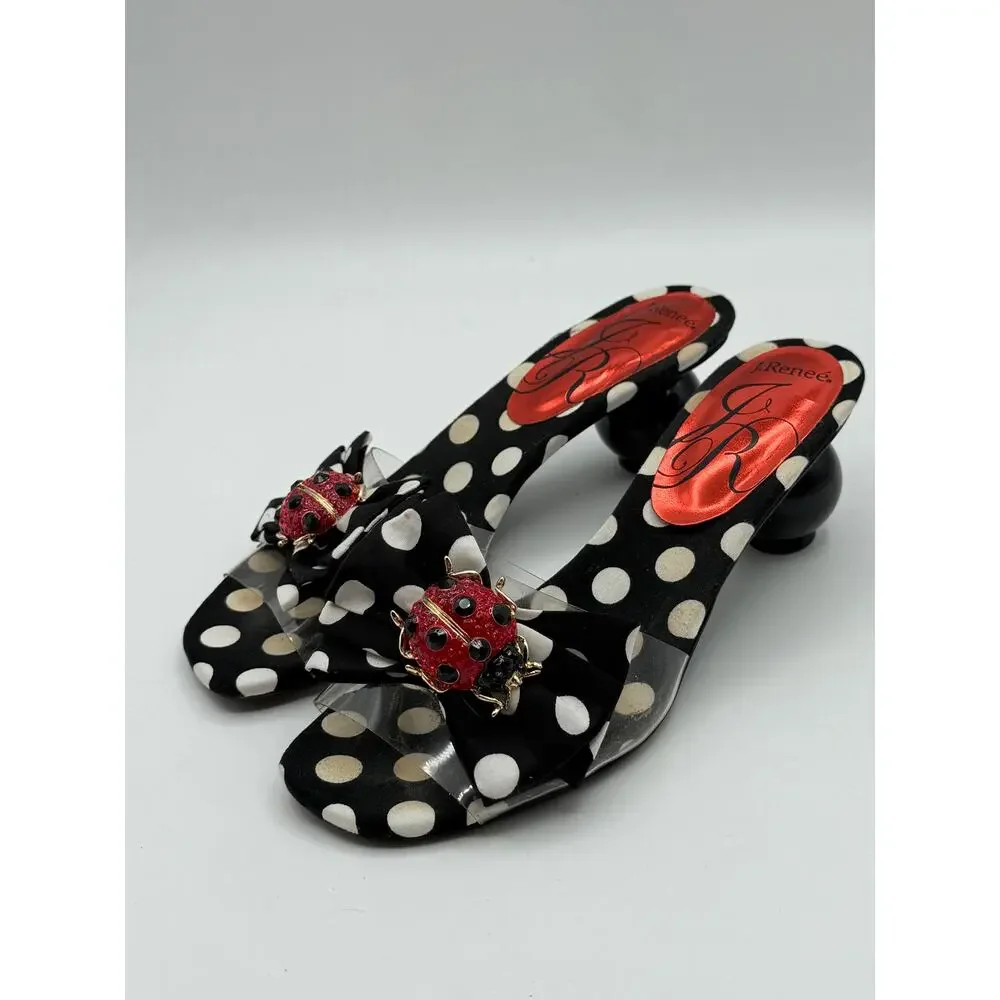 J. RENEE 1990s Vintage Mules Heels Polka Dot Soles, Lady Bug Size 6.5 - Picture 1 of 4